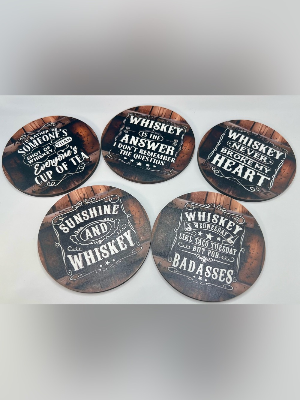 Whiskey-Themed Round Wood Coasters - Brown Rustic Set